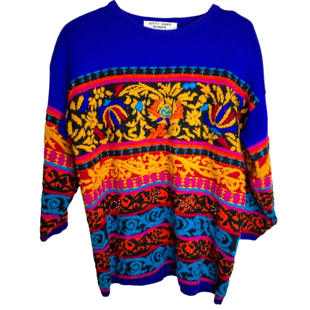 Vintage Kitty Hawk Woman by Vivian Wang Multicolored Floral Sweater Size 1X Boho